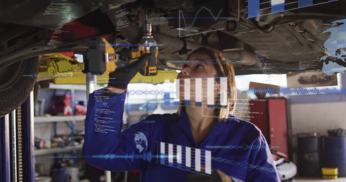 Female mechanic placing wrench under raised car, tightening bolts to align while HUD bars rising
