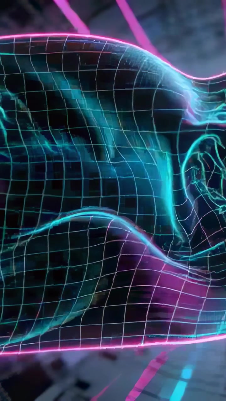 Vertical video: Rippling wireframe mesh shifting, bulging in 3D scene after pulse, with magenta rim