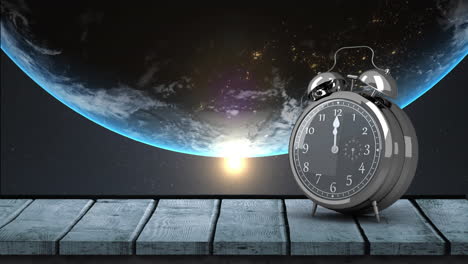 animation of vintage alarm clock moving fast and ringing over globe spinning on blue background