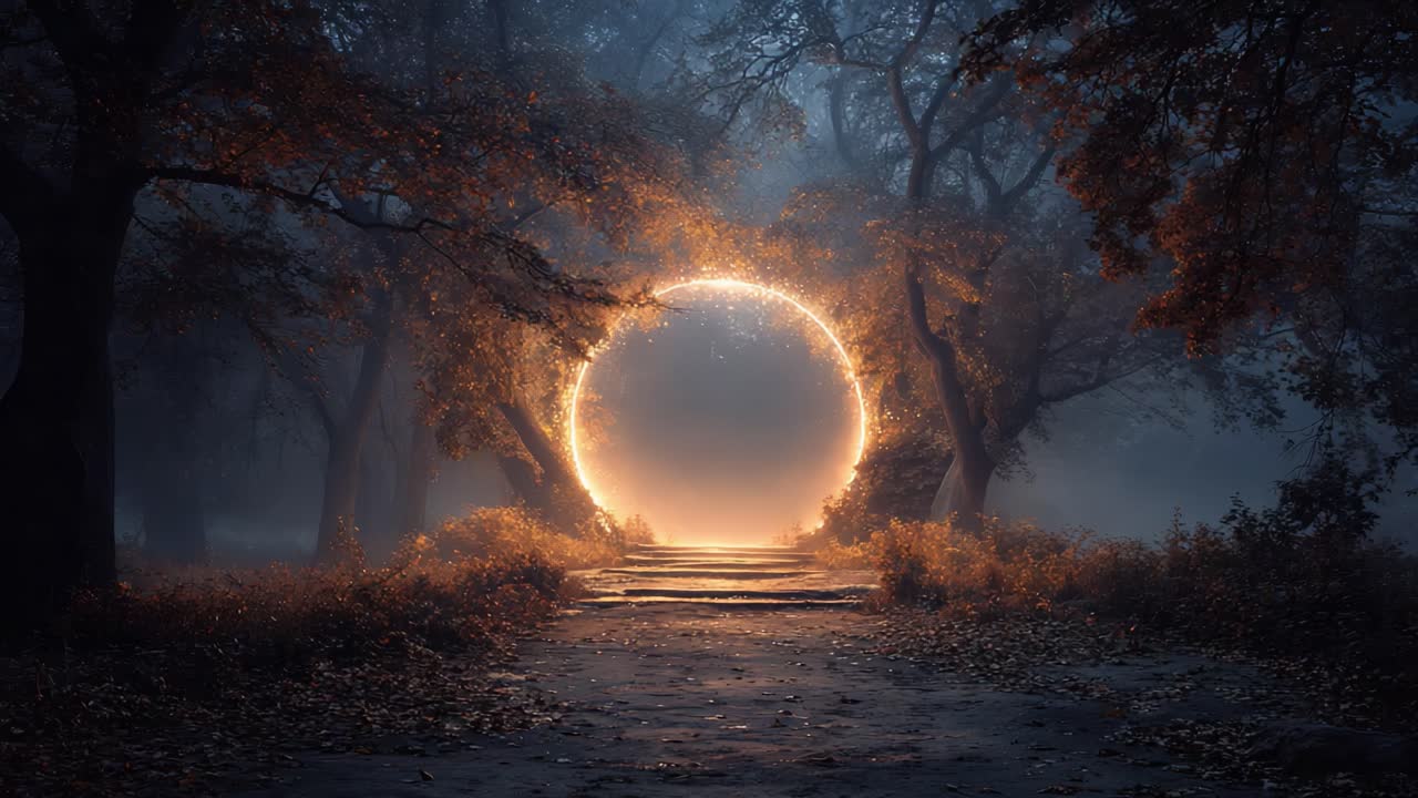 A Mystical Portal Illuminates a Foggy Forest Path, Surrounded by Enigmatic Trees and Golden-Hued Leaves, Inviting Exploration and Wonder in the Enchanted Landscape