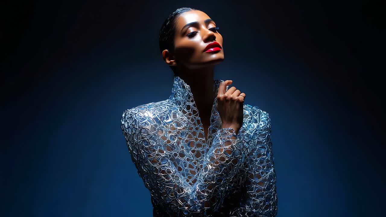 A Stunning Fashion Portrait of a Model in an Intricate Transparent Outfit, Displaying Elegance and Style with a Dramatic Use of Light and Shadow for a Captivating Visual Experience