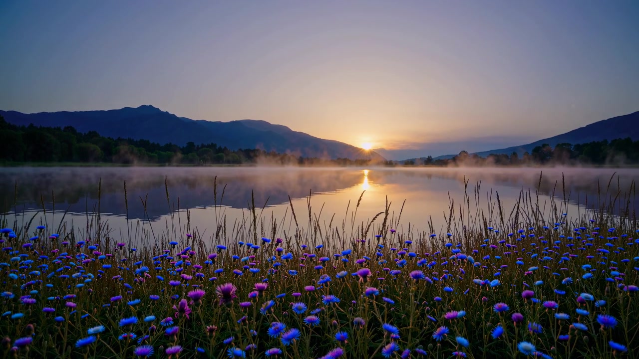 Beautiful Sunrise over a Misty Lake with Mountains and Wildflowers