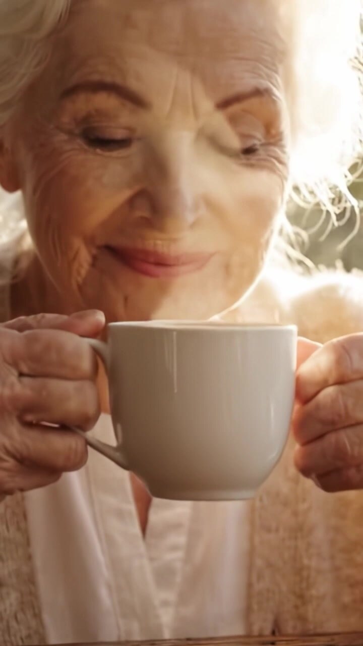 Un caldo momento di riflessione: un'anziana signora si gode una tazza di caffè fumante, abbracciando il comfort di una mattinata di sole con un sorriso gentile.