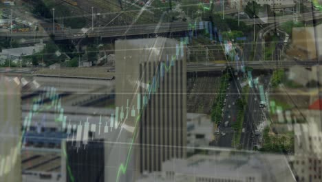 animación de datos financieros y gráficos sobre edificios de la ciudad