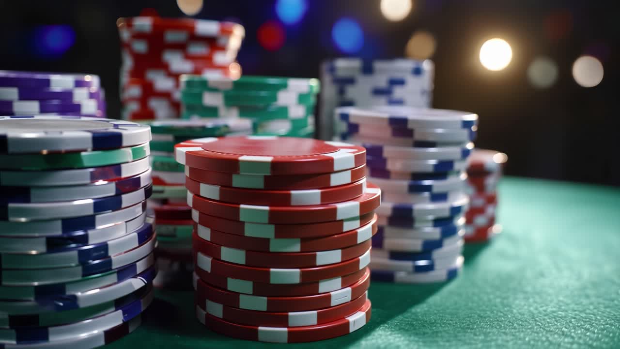 Una collezione scintillante di fiches da poker impilate sul panno verde, che evidenzia l'eccitazione del gioco d'azzardo e dei giochi da casinò sotto luci intense.