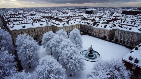 snowy city plaza aerial view