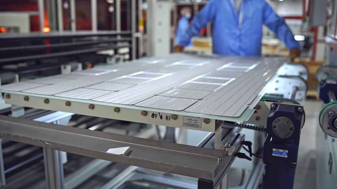 Producing process of solar panel. Automated technology of producing solar cells. Ready solar panel on the board on a modern factory background.