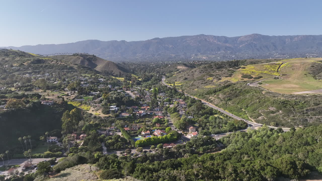 Santa Barbara, California, drone flight over a beach neighborhood.