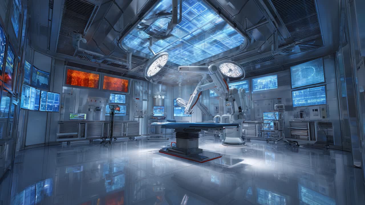 A Futuristic Medical Operating Room Equipped with Advanced Robotic Technology and High-Tech Monitoring Systems, Showcasing the Future of Surgical Procedures