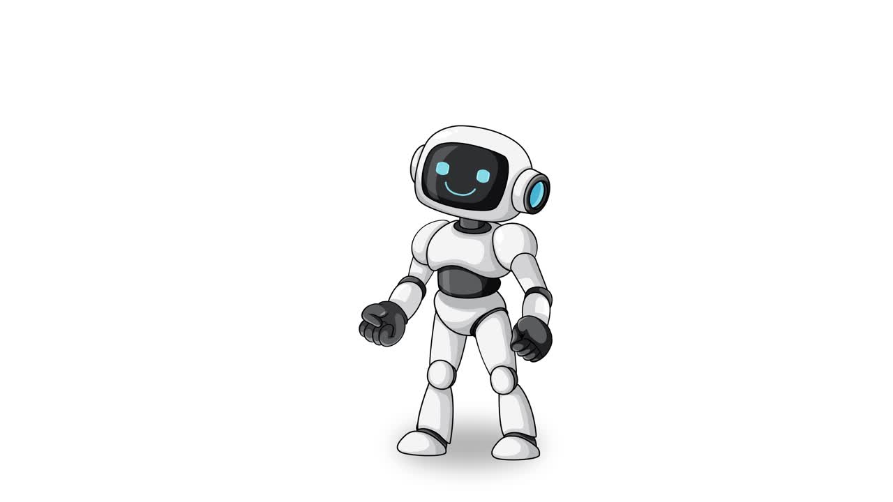Cartoon robot launches with jet boots, punches, and lands dynamically on a clean white background