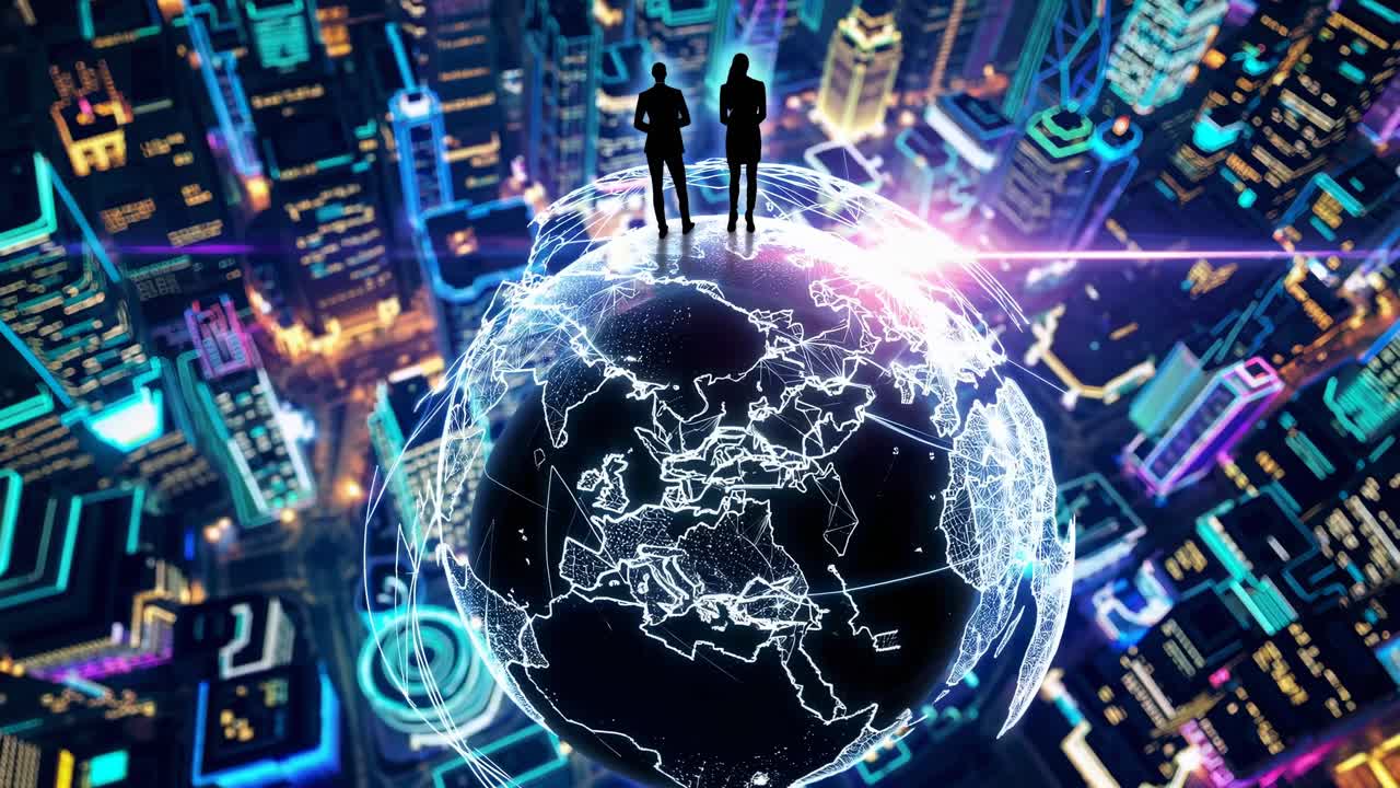 Futuristic video concept with a high-angle view of silhouetted figures standing on a digital globe