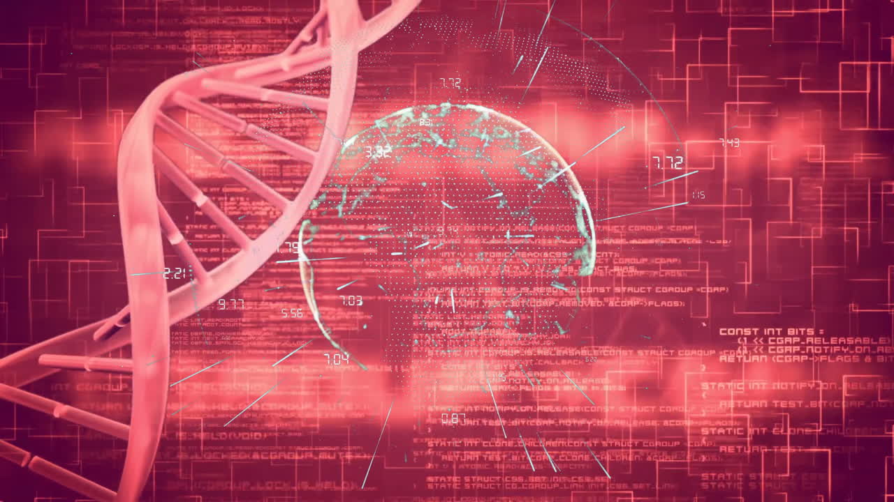 Animation of DNA strand and digital brain processing data on red background