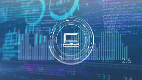 animation of financial data processing over laptop symbol over landscape