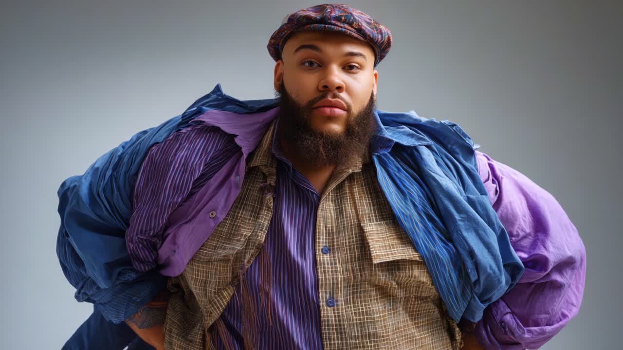 Retrato dinâmico de uma pessoa estilosa exibindo escolhas de moda exclusivas com cores e texturas em camadas contra um plano de fundo suave