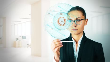 una mujer tocando una pantalla visual. tecnología holográfica futurista