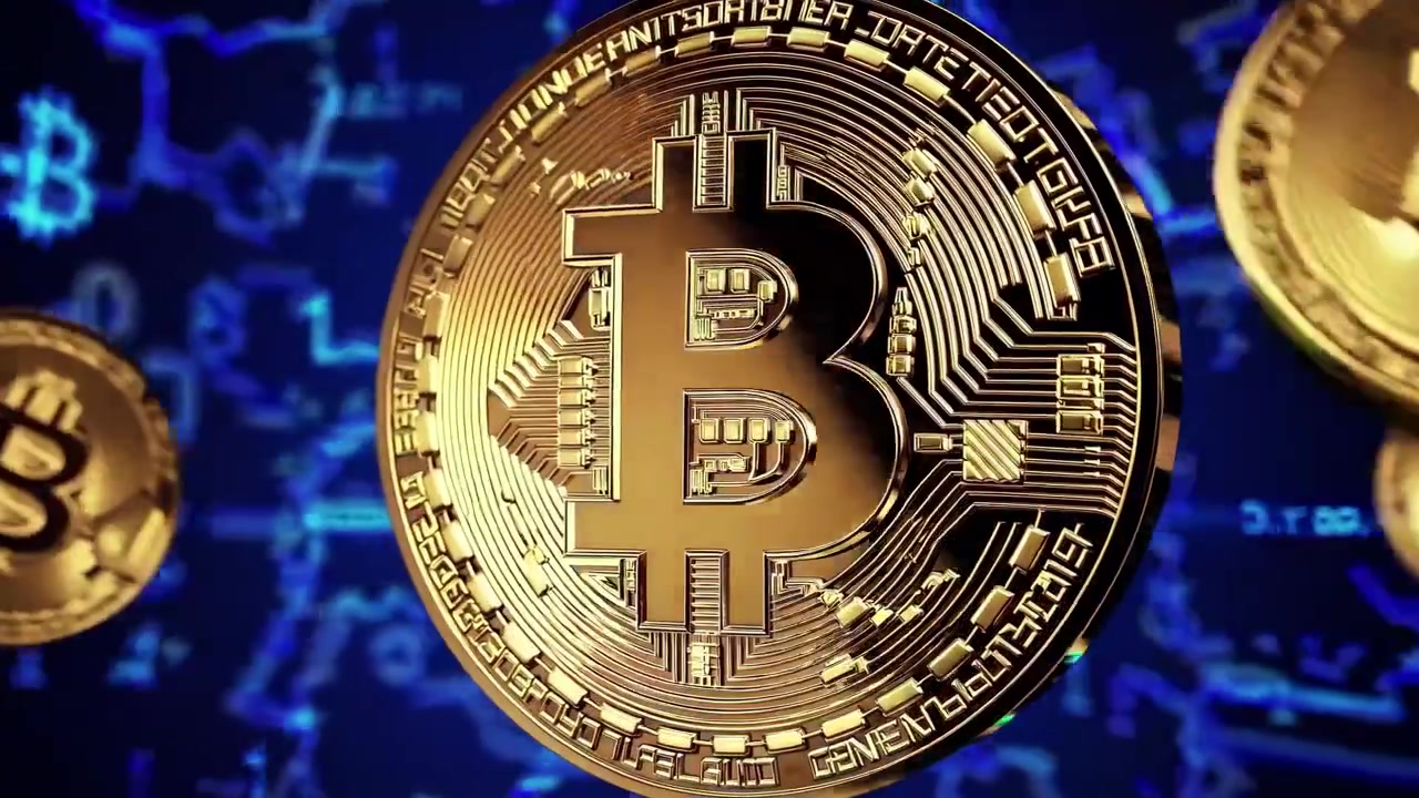 Monete Bitcoin dorate che ruotano con sfondo di rete digitale