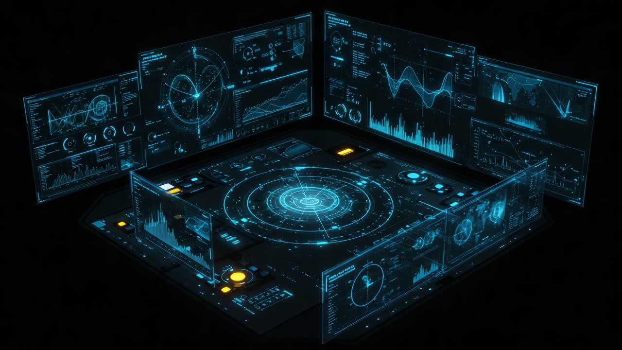Futuristic Control Interface Displaying Advanced Data Analytics and Visualizations in a High-Tech Environment with Dynamic Graphs and Charts for Real-Time Analysis