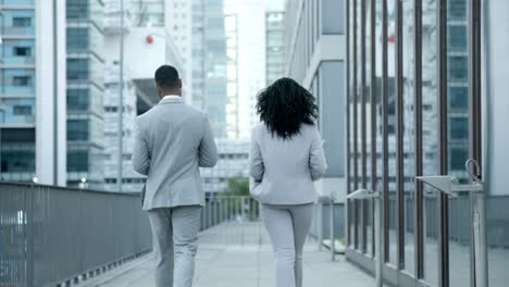 back view of two managers walking near office building