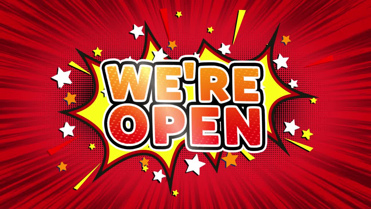 We are open word retro cartoon comic bubbles popup style illustration colored bomb strip dotted and