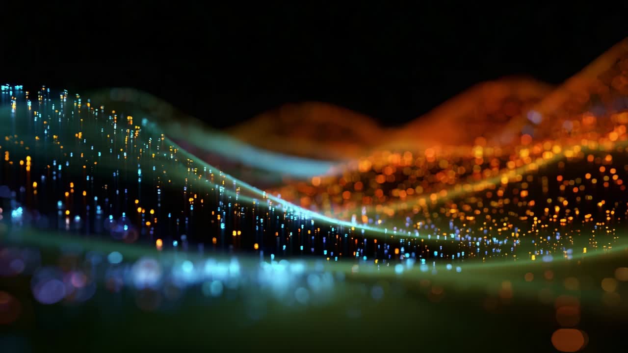 Captivating Abstract Digital Landscape: A Stunning Representation of Light and Color through Flowing Waves, Showcasing an Enchanting Fusion of Bright Particles and Color Gradients Across a Dark Background