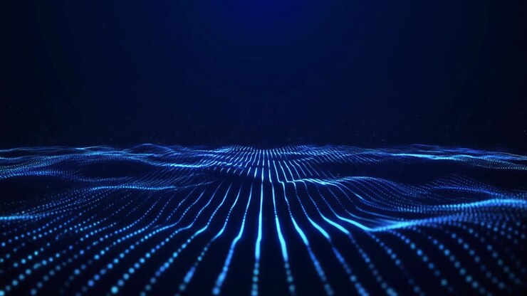 Sfondo astratto con movimento di onde di particelle digitali blu