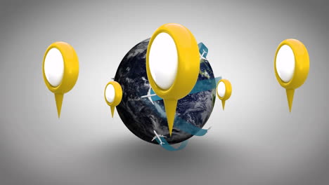 animation of yellow location markers orbiting earth with blue ribbons in space