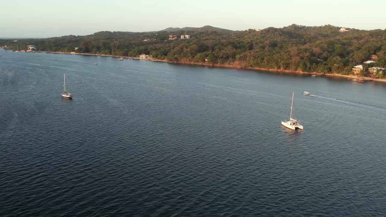 lancha blanca en la superficie del mar azul claro con arrecifes de coral moviéndose hacia una isla