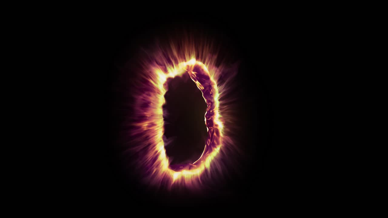 Vertical portal of golden and red fire energy pulses and swirls on black background before collapsing and reappearing. Loopable sci-fi or magic VFX
