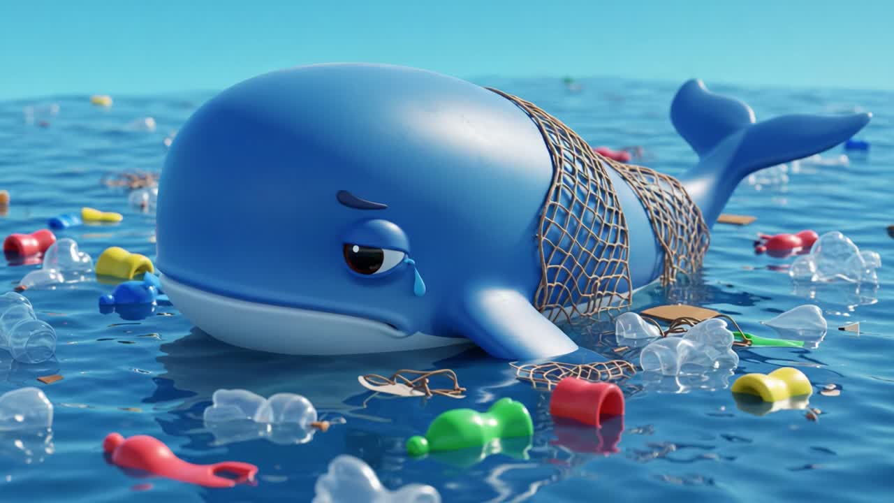 A sorrowful blue whale trapped in a net, surrounded by ocean debris, symbolizes the urgent need for environmental awareness and ocean conservation efforts to protect marine life