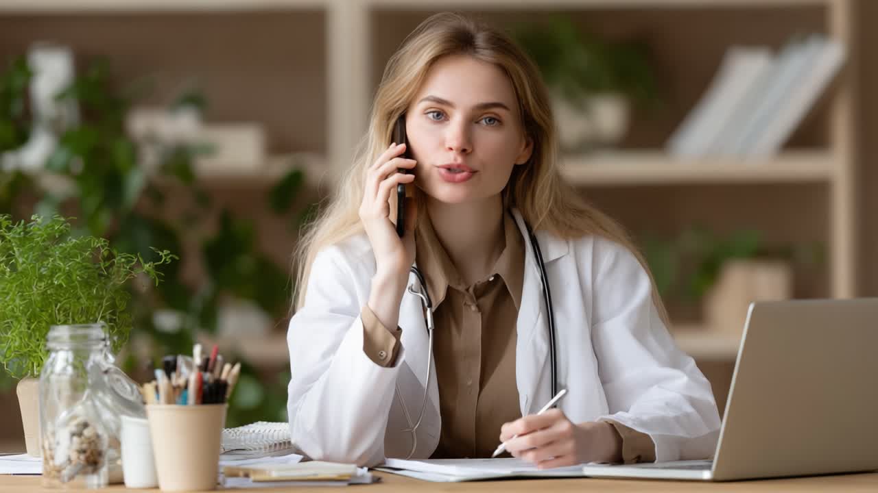 A Healthcare Professional Engaging with Technology: A Smiling Woman in a White Coat Uses Her Smartphone While Taking Notes in a Modern Office Environment Filled with Greenery