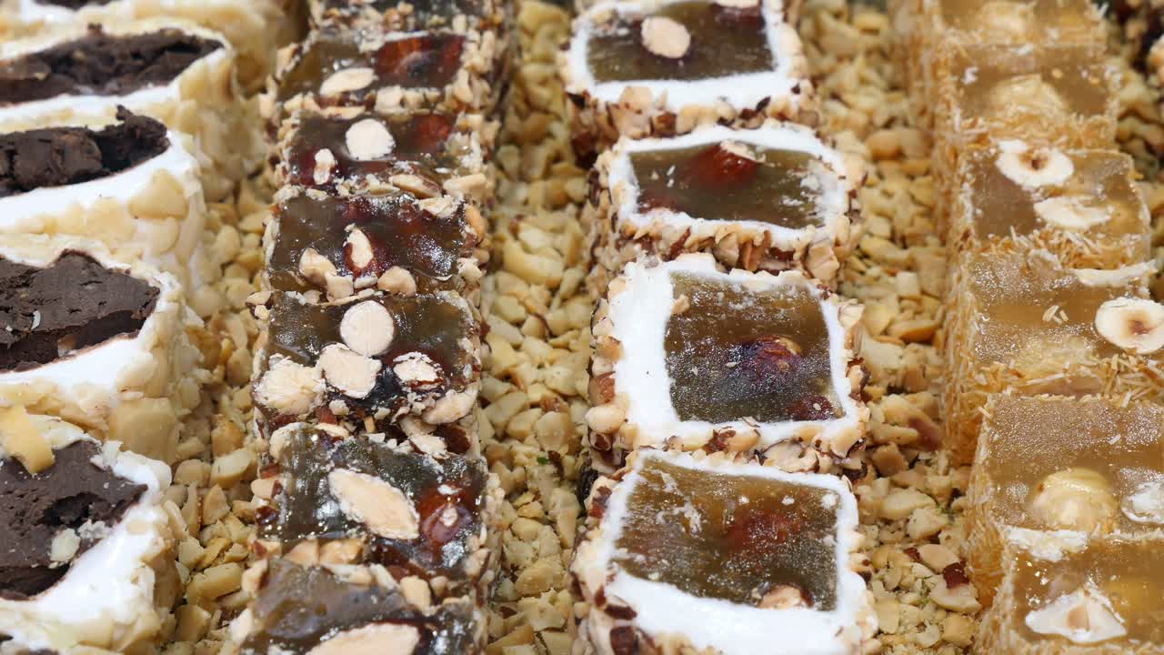 Assortment of Turkish Delight Lokum with Nuts on Display
