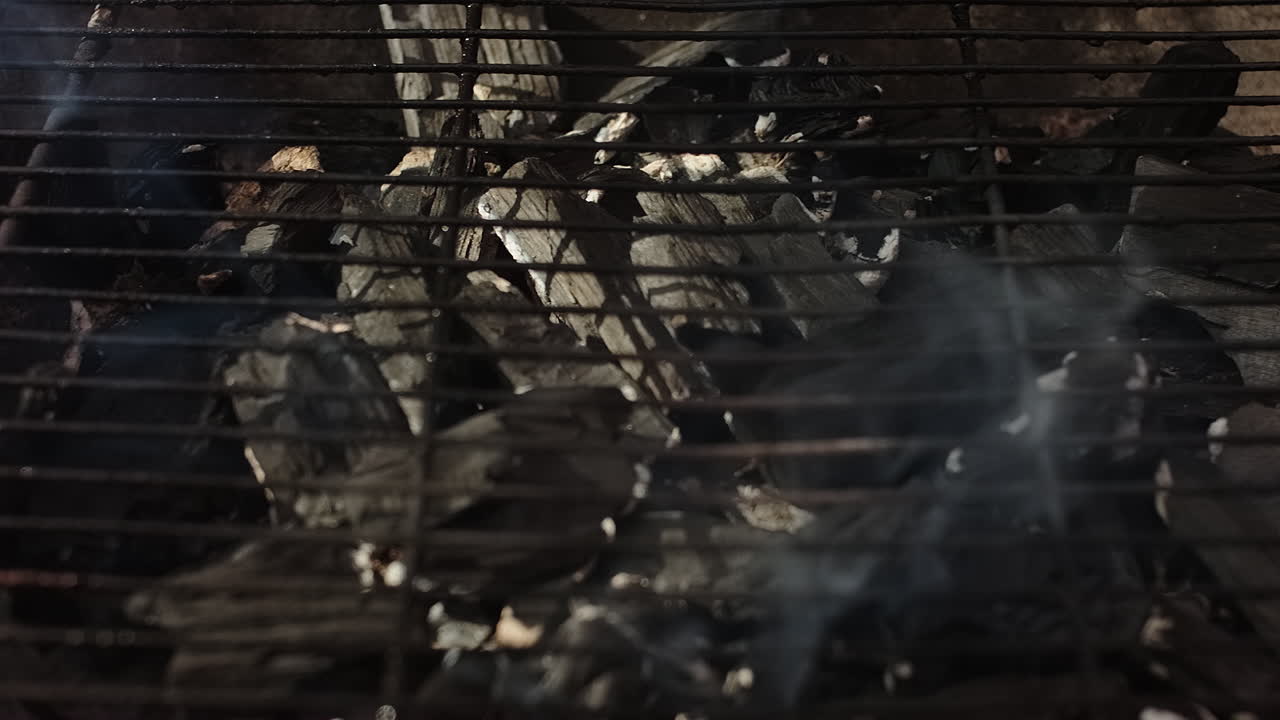 따뜻한 여름날 스웨덴의 바베큐 그릴에서 연기하는 불타는 석탄의 근접 촬영
