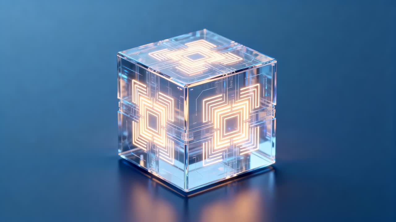 Pulsing warm LED, clear cube lighting and rotating on studio blue table, showing circuit pattern