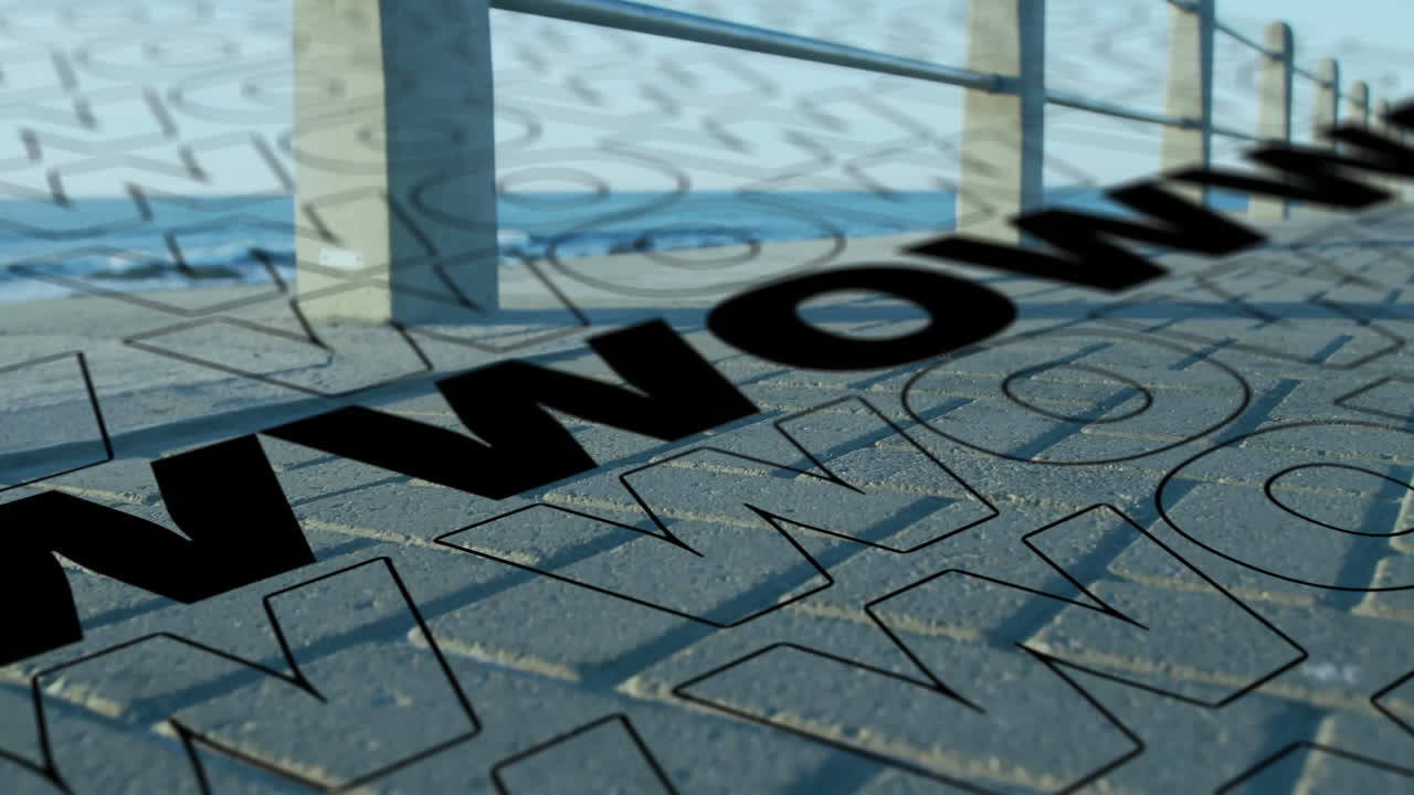 Wow text animation over pavement with geometric patterns near railing