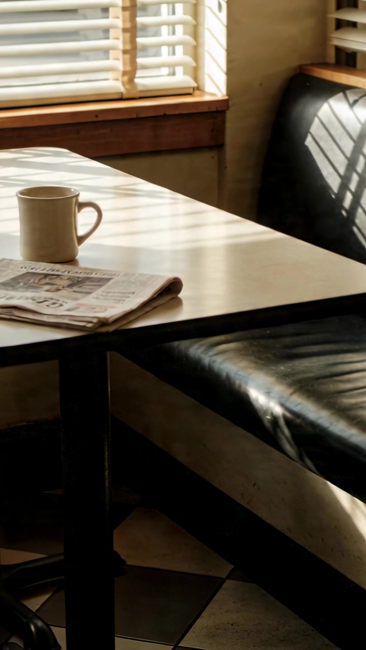 Vertical video: Shifting sunlight through blinds casting bands across nook table over mug and paper