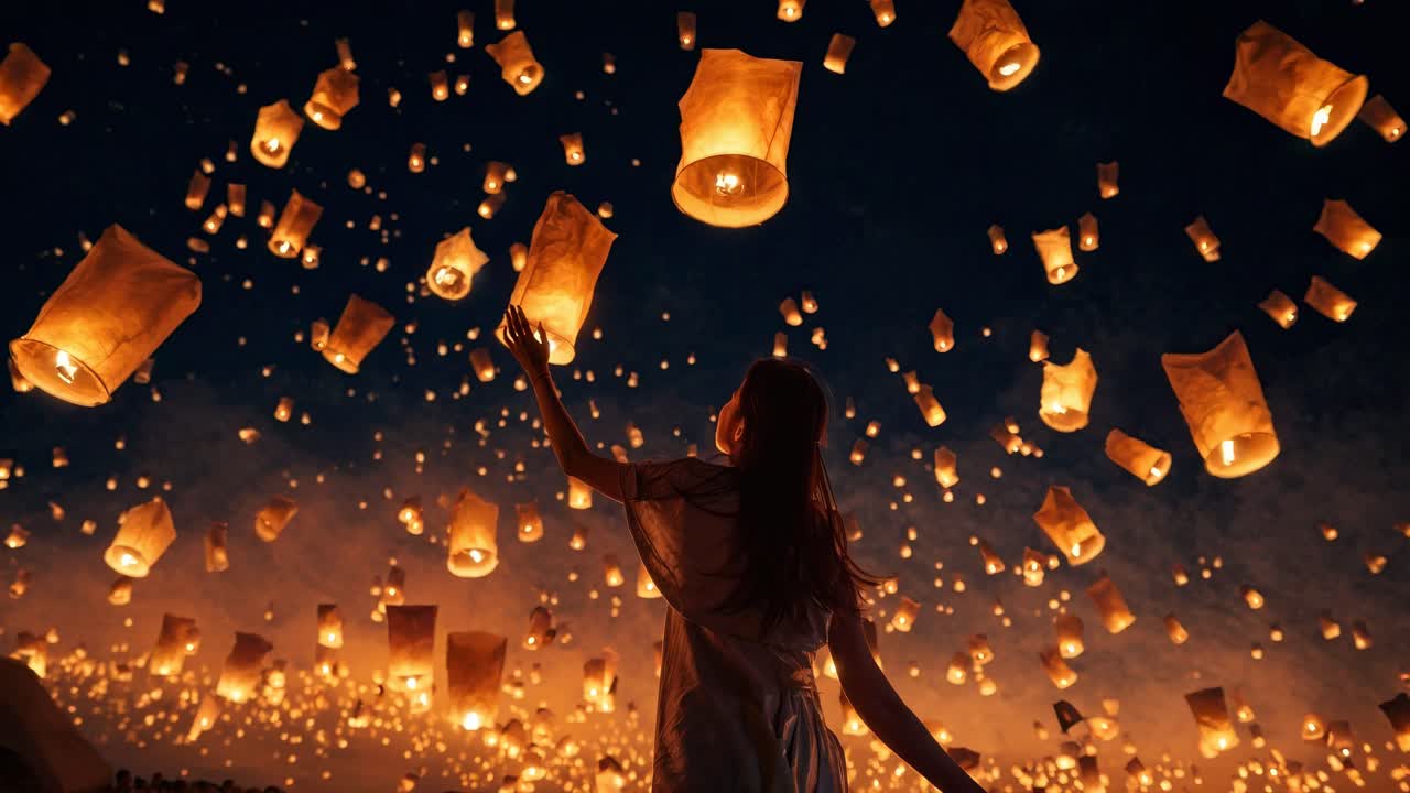 A mesmerizing video scene with a low-angle view of a person reaching towards floating lanterns