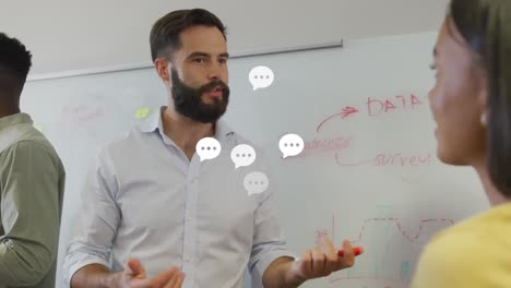 animation of speech bubbles over diverse business people talking