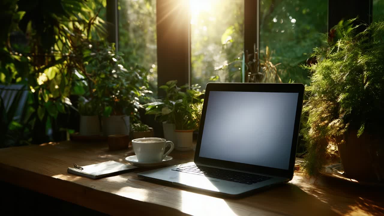 A Serene Workspace with a Laptop, Coffee, and Lush Greenery: A Calm and Inviting Atmosphere Highlighting the Beauty of Nature in a Cozy Indoor Setting during Morning Sunshine