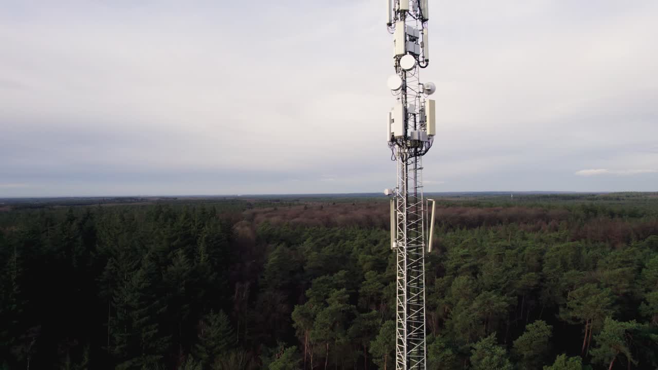 Paesaggio aereo con antenna tecnica di comunicazione e trasmissione dati bianca a contrasto in un parco naturale nella Veluwe, foresta illuminata lateralmente con verde a contrasto su cielo blu
