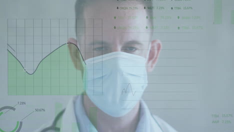 Doctor wearing stethoscope displaying holographic medical analytics with line graphs and bar charts