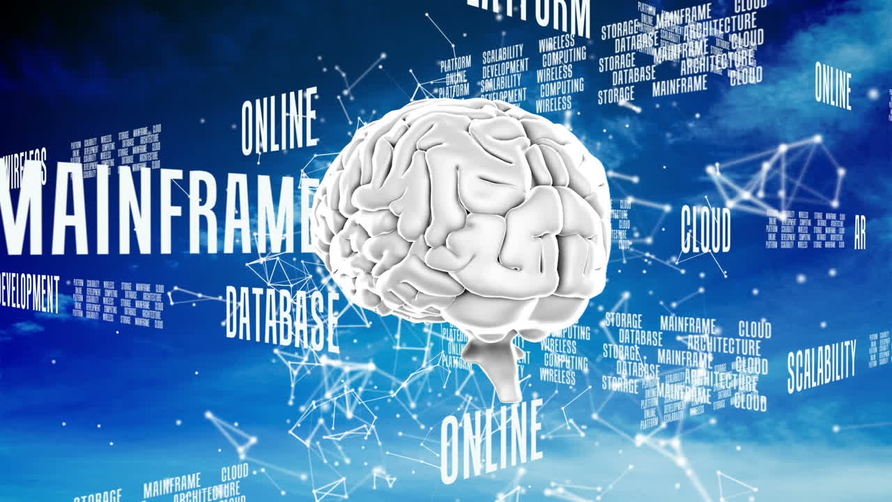 Animation of technology texts over rotating brain on blue background