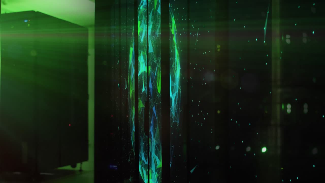 Animation of shapes moving and globe over server room