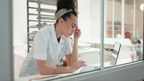 chef, laptop and woman with stress