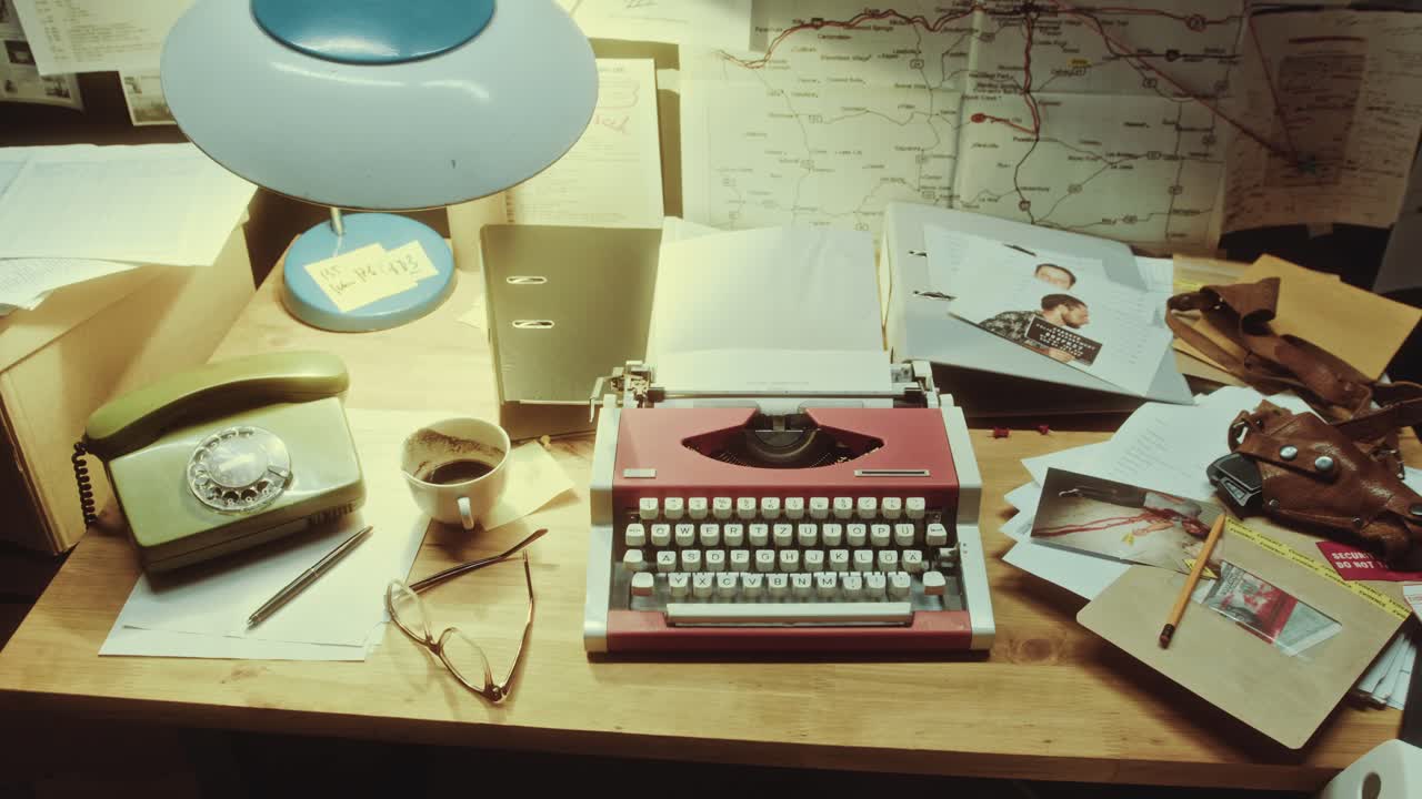 Close-Up of Vintage Typewriter and Criminal Investigation Materials on Desk