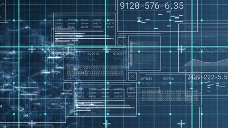 Animation-Von-Zahlen-In-Kreisen-Und-Rechtecken,-Diagramm,-Balken,-Gittermuster-Vor-Abstraktem-Muster