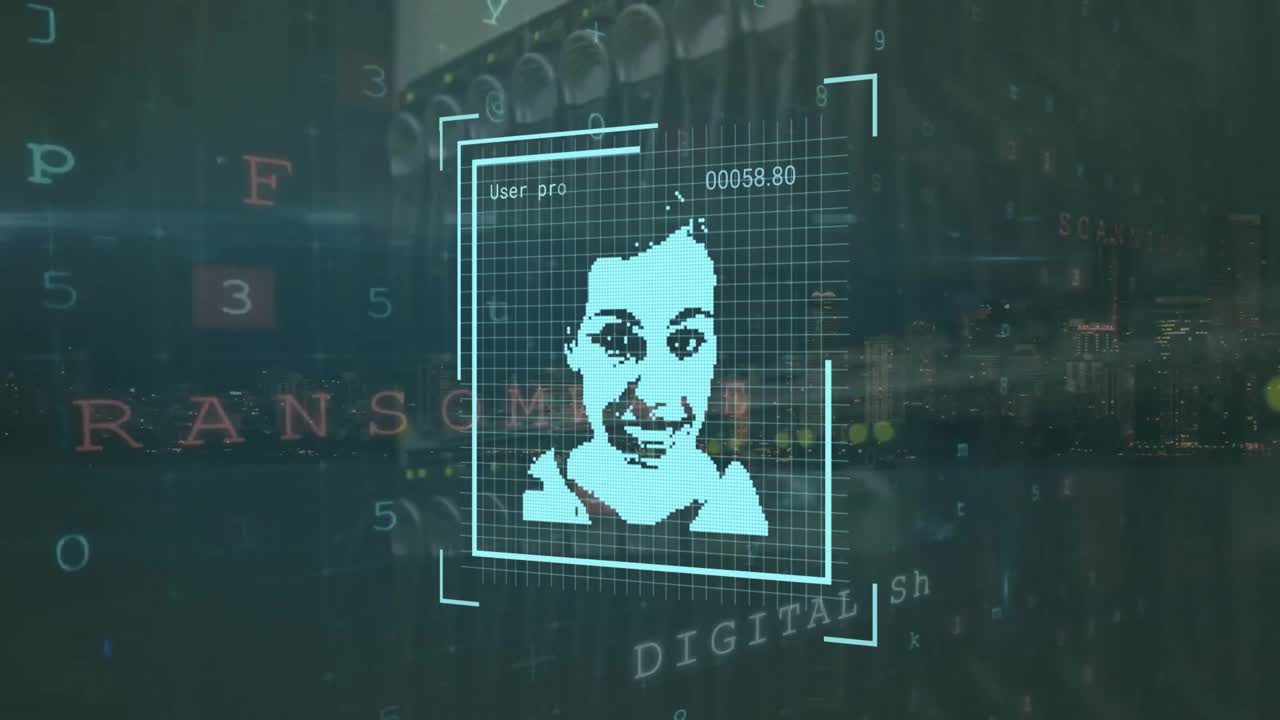 Animation of diverse profile scans, data and security warnings over computer server room