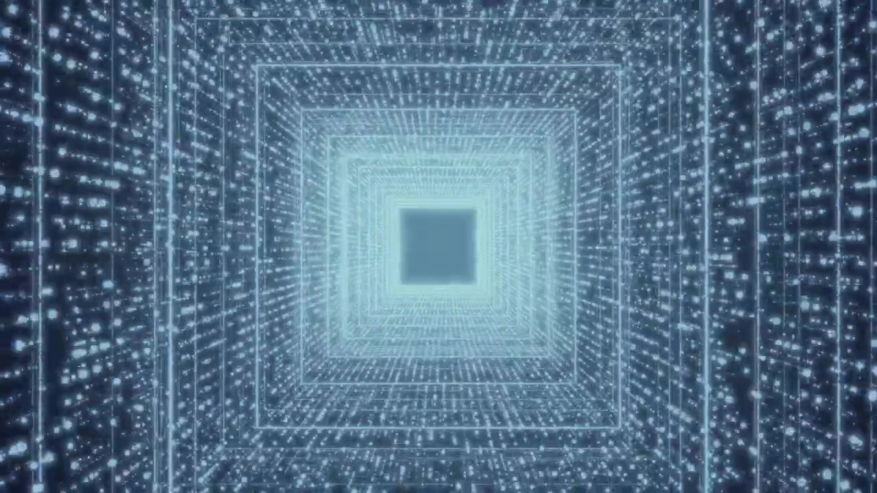 Moving Through a Futuristic Digital Tunnel of Blue Lights