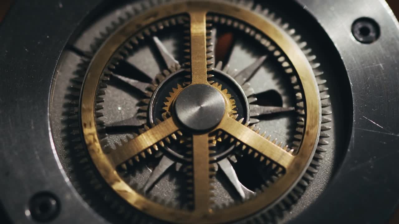 Playing back, turning brass spoked wheel and inner cog rotating in watch movement, driving gears
