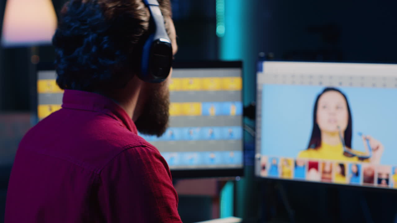 fotógrafo usando auriculares para escuchar canciones favoritas mientras usa software de retoque