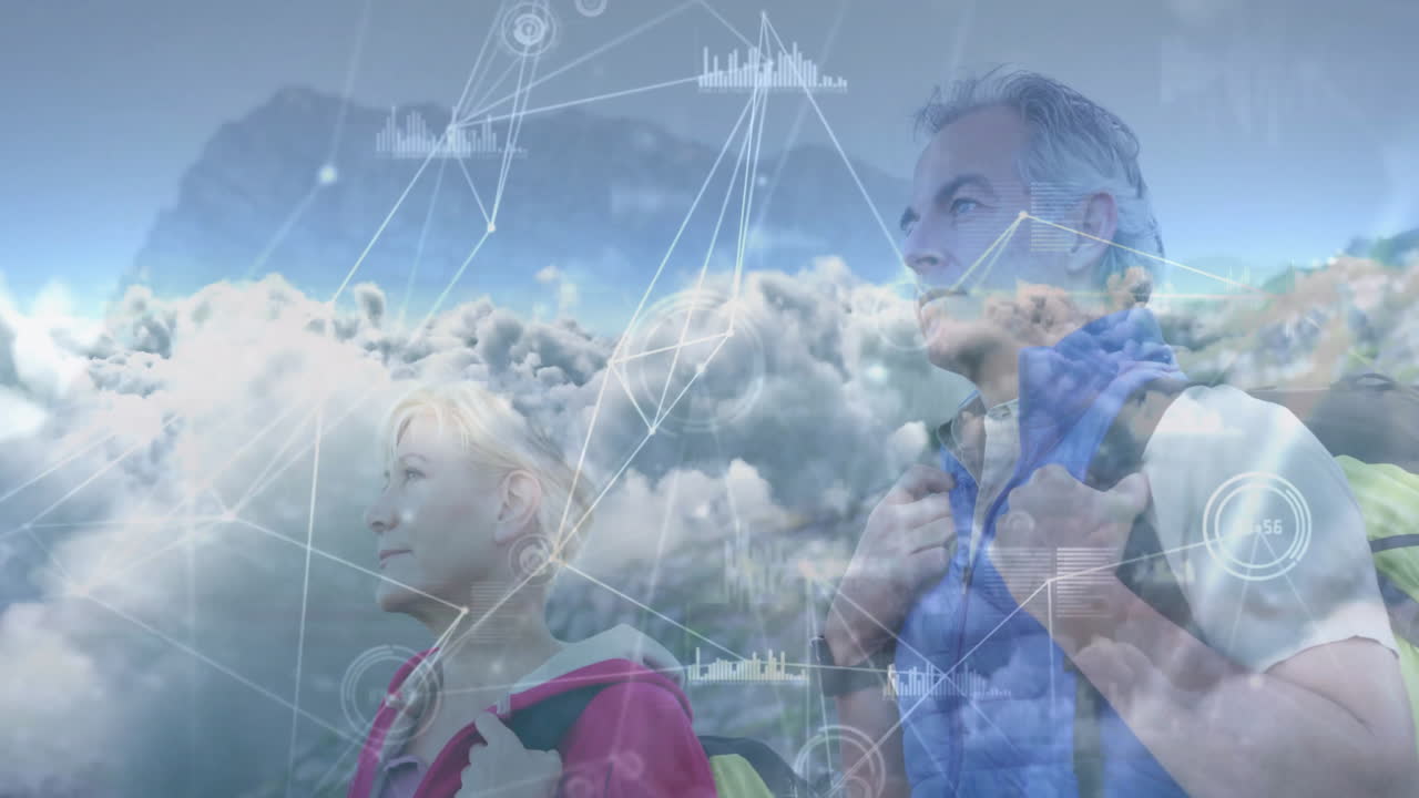 Couple hiking on mountain ridge, exploring tech network charts with clouds and connection lines